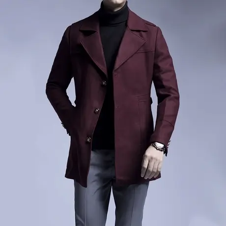 SENO男秋冬毛呢大衣中长款修身商务男装保暖加厚酒红色外套图片