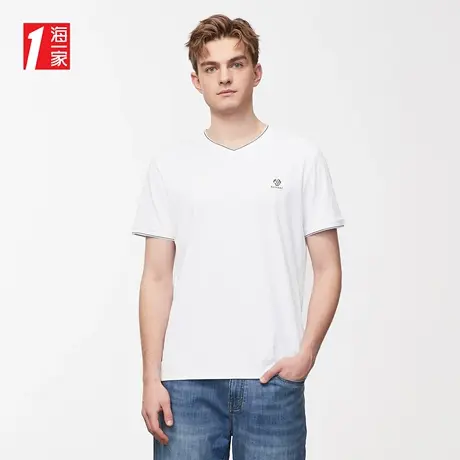 海一家简约V领短T2023夏季新款基础日常休闲舒适短袖T恤男商品大图