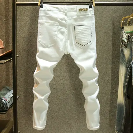 白色立体压胶牛仔裤男款欧洲站轻奢夏季小脚裤2023年高端休闲男裤商品大图