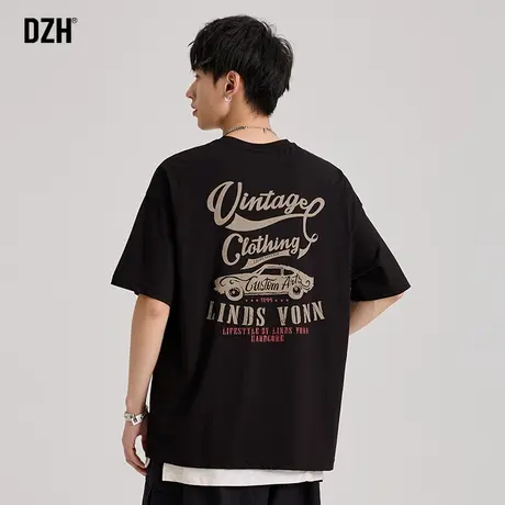 男士字母t恤男纯棉美式夏季男装2023年新款发泡印花黑色短袖圆领商品大图