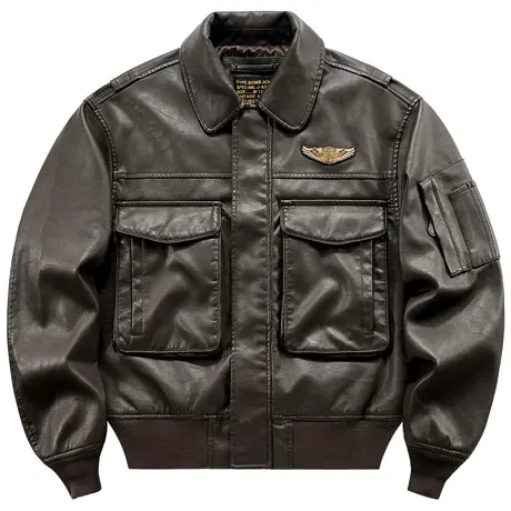 VIP美式复古翻领飞行员夹克男宽松机车服工装多口袋皮衣外套潮牌商品大图
