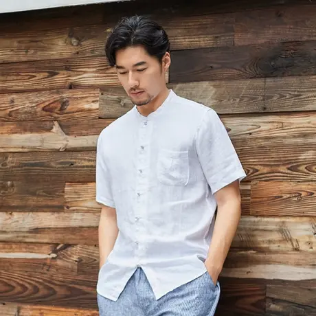 萨法瑞断码99亚麻衬衫男短袖宽松夏季立领中式复古中国风男装衬衣商品大图