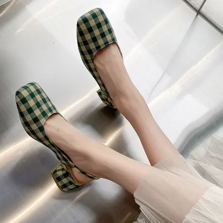 ins复古绿格方头粗跟中跟单鞋女2023春夏新款休闲百搭格子凉鞋女商品大图