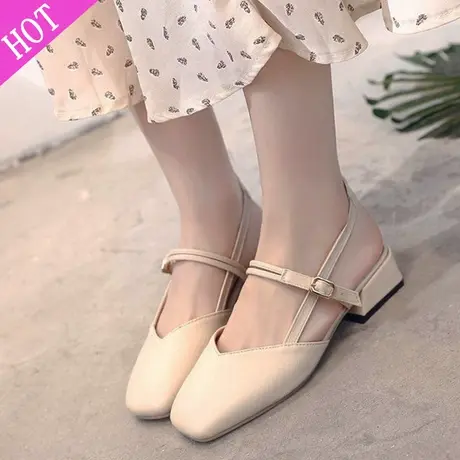 凉鞋女仙女风2023夏季新款时尚百搭半包头方头一字带学生粗跟单鞋图片