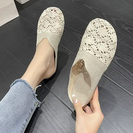 包头半拖鞋女外穿时尚平底镂空透气亚麻蕾丝鞋2023春夏季懒人凉拖商品大图