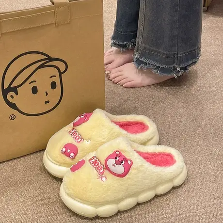 可爱小熊棉拖鞋女冬季室内外穿卡通厚底防滑月子毛绒保暖居家拖鞋商品大图