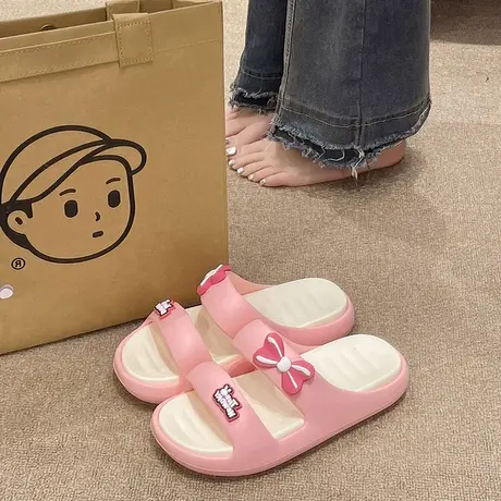 新款凉拖鞋女士夏季室内外穿可爱蝴蝶结双带防滑厚底家用浴室拖鞋商品大图
