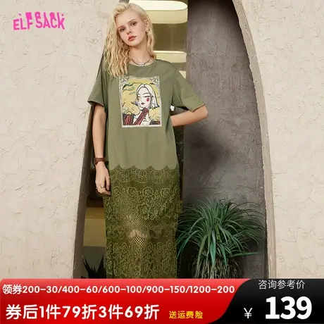 妖精的口袋绿色拼接蕾丝t恤连衣裙女2023夏季新款宽松休闲设计感商品大图