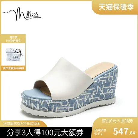 millie's妙丽春季商场同款羊皮坡跟丹宁老花厚底女凉拖鞋38-13BT2图片