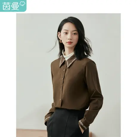 茵曼气质V领衬衫女2023年冬季新款简约绣花宽松显瘦长袖衬衣上衣商品大图