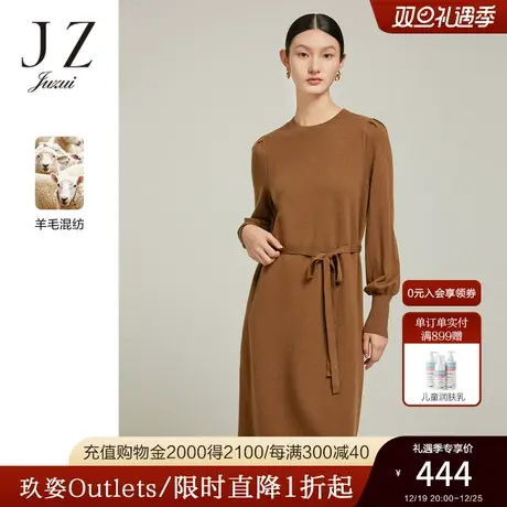 JZ玖姿法式灯笼袖绵羊毛连衣裙女装2022冬季新款纯色优雅通勤裙子图片