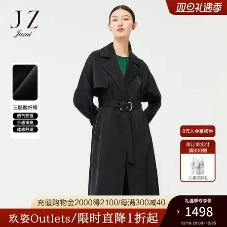 JZ玖姿官方奥莱气质方领春新款H版型通勤风潇洒素黑色风衣女图片