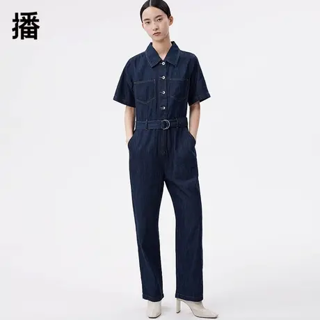 播2024春季新款衬衫翻领直筒高腰长裤通勤连体牛仔裤女DDQ3JD5100商品大图