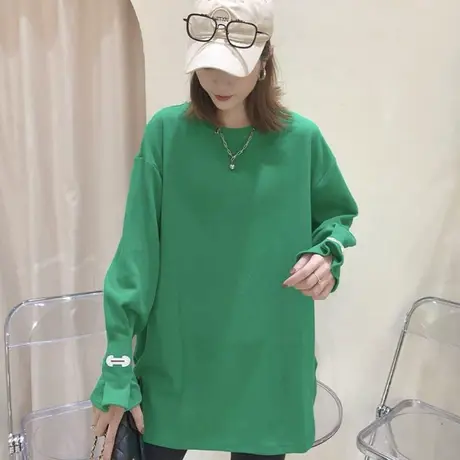 秋季新款时尚休闲袖口花朵边纯色T恤女设计感小众打底衫女内搭潮商品大图