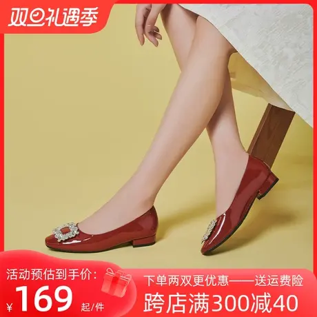 戈美其单鞋2023秋季新款优雅时尚水钻方扣浅口粗跟低跟方头妈妈鞋图片
