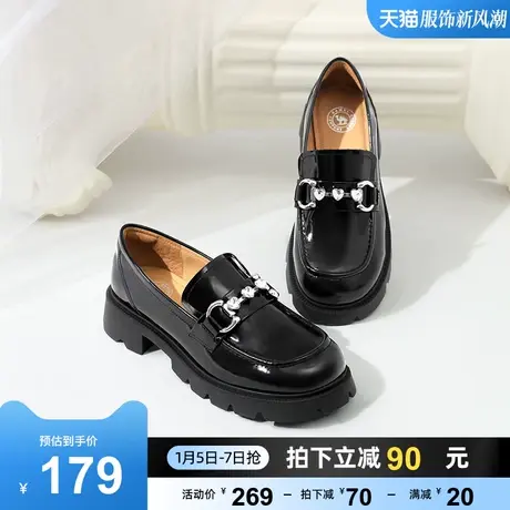 骆驼乐福鞋女2023秋季新款真皮马衔扣英伦风单鞋粗跟厚底小皮鞋女商品大图