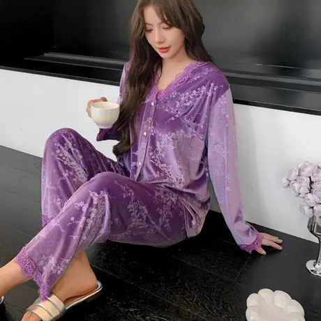 金丝绒睡衣女秋冬2024新款长袖长裤海岛绒家居服高级感珊瑚绒套装商品大图