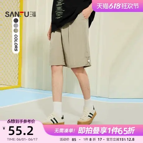 三福2025夏季新款短裤男下摆抽绳中裤潮流宽松橡筋腰五分裤裤子图片