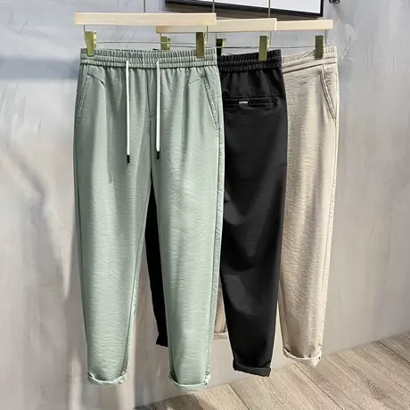 九分裤男夏季薄款冰丝休闲裤子男宽松直筒松紧腰束脚春秋2023新款商品大图