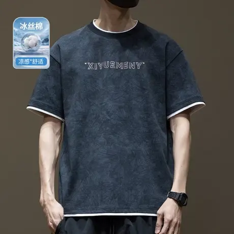 假两件冰丝棉凉感印花短袖T恤男士2025夏季新款宽松大码休闲体恤商品大图