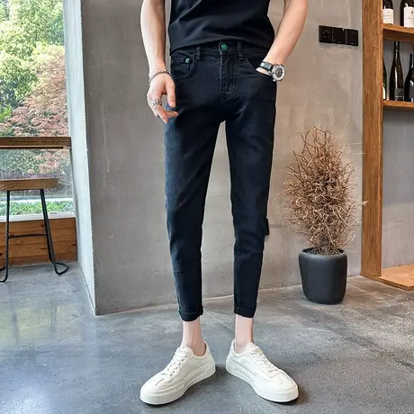 2023春秋新款纯黑刺绣牛仔裤男潮韩版修身小脚铅笔裤弹力九分裤子图片