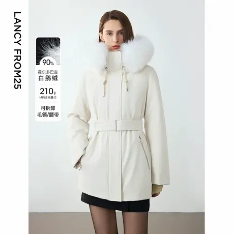 朗姿霍尔多巴吉白鹅绒2024年冬季新款中长款收腰白色羽绒服派克服商品大图