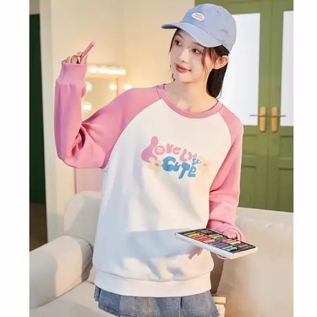 唐狮冬季新款加绒女卫衣银狐绒圆领上衣简约宽松休闲oversize商品大图