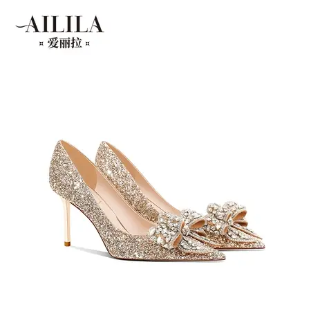 爱丽拉新娘婚鞋女2023新款金色亮片禾秀主婚纱两穿法式水晶高跟鞋商品大图