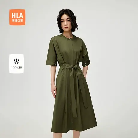 【纯棉】HLA/海澜之家休闲时尚通勤短袖连衣裙25春夏新腰带裙女装图片