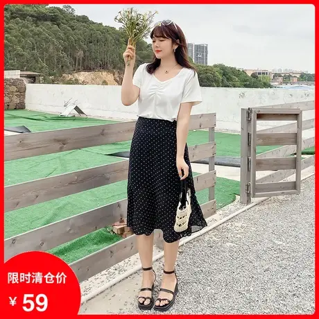 显瘦大码胖MM半身裙2023夏季新款遮肉百搭波点中长款雪纺A字裙商品大图
