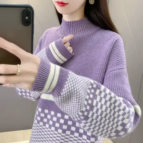 秋冬2023新款半高领格子撞色针织毛衣女时尚韩版宽松百搭打底上衣商品大图