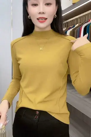 欧货新款t恤冬季时尚洋气纯色内搭打底衫女长袖弹力体恤上衣小衫商品大图