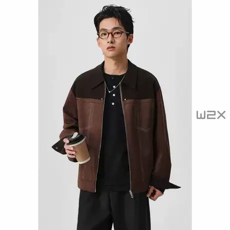 w2x2025春季新款仿牛皮绒夹克男拼接设计感休闲外套青年上衣商品大图