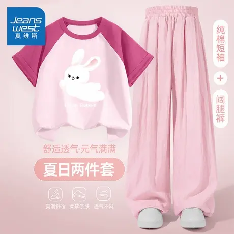 真维斯童装女童短袖t恤夏儿童2025新款透气半袖两件套女孩山本裤商品大图