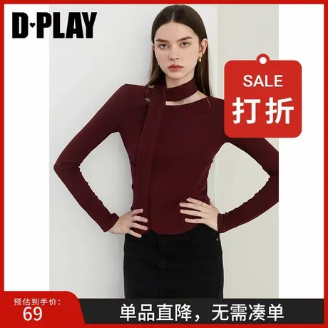 DPLAY【惠品】2025春季新款圆领红色t恤女修身抽褶弹力小衫长袖图片