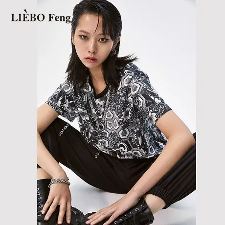 裂帛LIEBOFeng原创设计2023年街头风小众嘻哈链条印花宽松短袖T恤商品大图