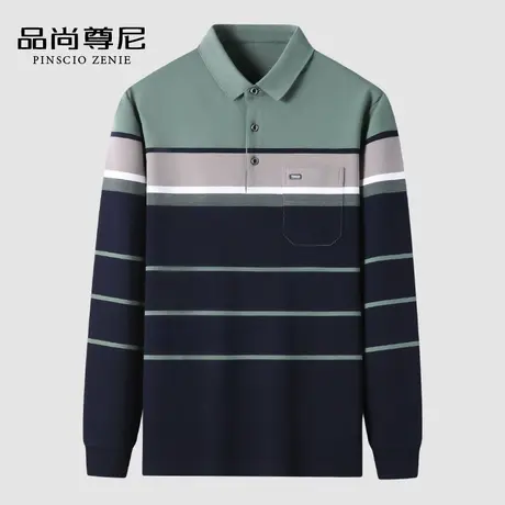 【弹力透气】男士长袖T恤拼色条纹中老年爸爸上衣2023年春季新款商品大图