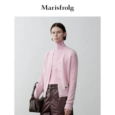 【商场同款】玛丝菲尔2023年冬季新款雾粉色高领刺绣羊毛针织衫商品大图