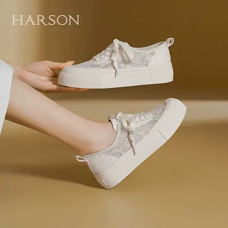 哈森2025新款夏季真皮女鞋厚底增高透气网面运动休闲鞋HWCS250135商品大图