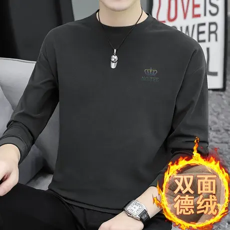 男士卫衣2023新款秋冬款潮牌潮流德绒双面绒保暖圆领无帽长袖t恤商品大图