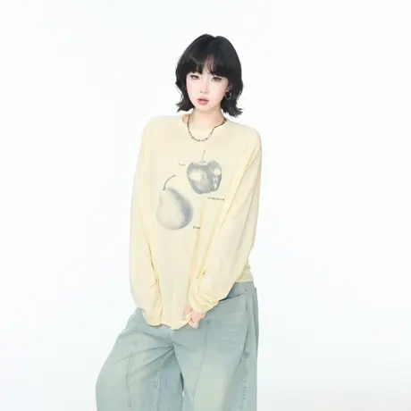 美式复古印花防晒罩衫女春秋新款宽松微透轻薄长袖T恤上衣图片