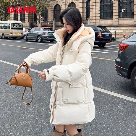 鸭鸭羽绒服女2023冬季新品中长款收腰百搭连帽鸭绒加厚保暖外套M商品大图