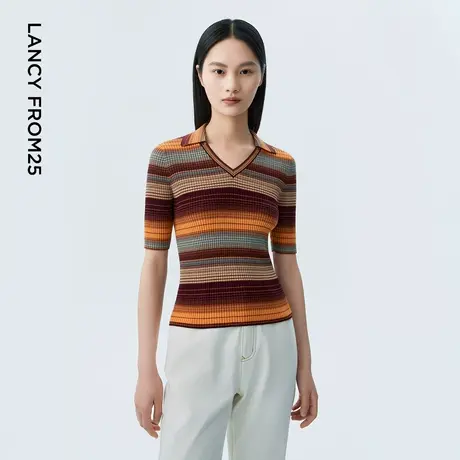 【绵羊毛】LANCY/朗姿2023早秋新款条纹翻领设计感小V领修身套头商品大图