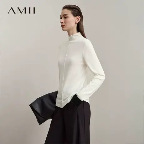 Amii2025秋新款极简知性气质半高领修身高支数毛织撞色袖口毛衣女图片
