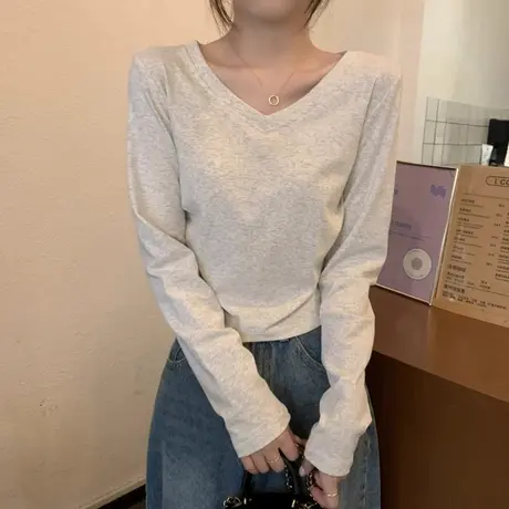 短款小个子V领正肩长袖T恤女春季韩版内搭修身打底衫灰色上衣体恤商品大图
