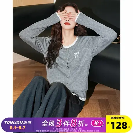 唐狮2025春秋新款女毛衣灰色假两件圆领休闲百搭慵懒风女士毛线衫商品大图