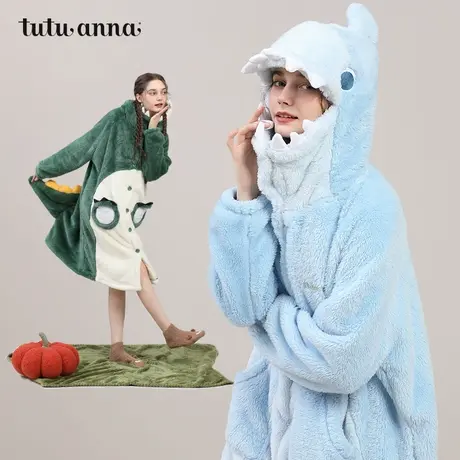 tutuanna秋冬珊瑚绒睡衣女 保暖羊羔绒加厚动物形象睡袍家居服女商品大图