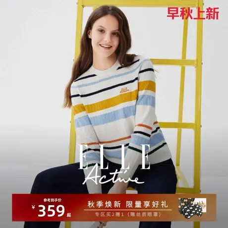 【含绵羊毛】ELLE Active多巴胺彩色条纹毛衣秋冬款长袖针织上衣商品大图