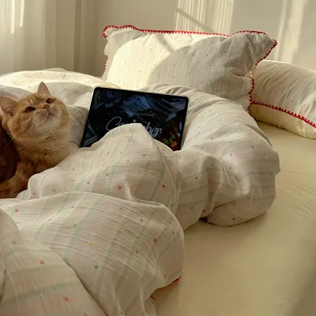 2026新款三角针双层纱皱皱纱韩系清新风四件套图片