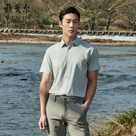 雅戈尔奥莱 男装莫代尔衬衫新品商务休闲隐格纹弹力免烫短袖衬衫商品大图